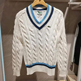 Front view of Lacoste luxury clothing with monogram-inspired silhouette