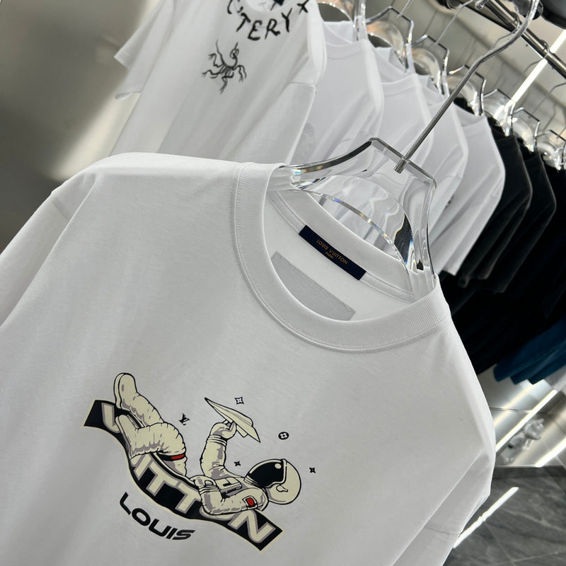 Close-up detail shot of Louis Vuitton cotton t-shirt with signature branding