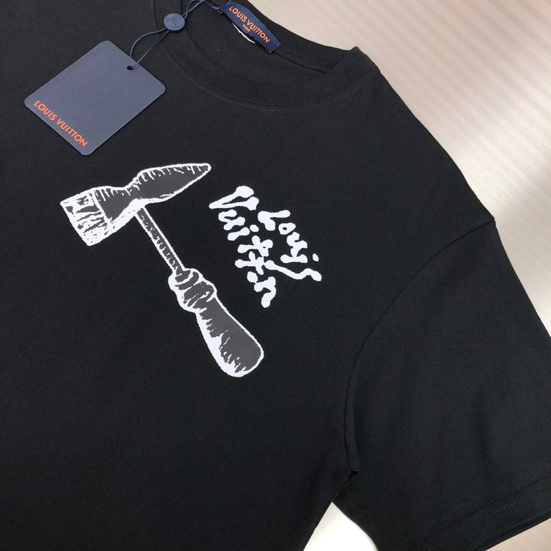 Close-up detail shot of Louis Vuitton cotton t-shirt with logo-detail design