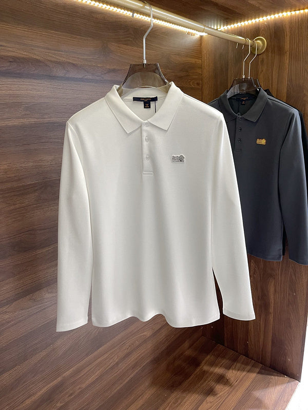 Front view of Louis Vuitton luxury clothing with label-forward styling