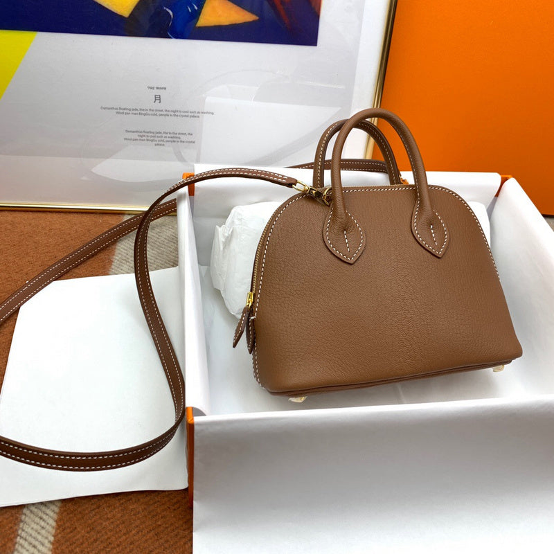 Side view of sophisticated structured handbag