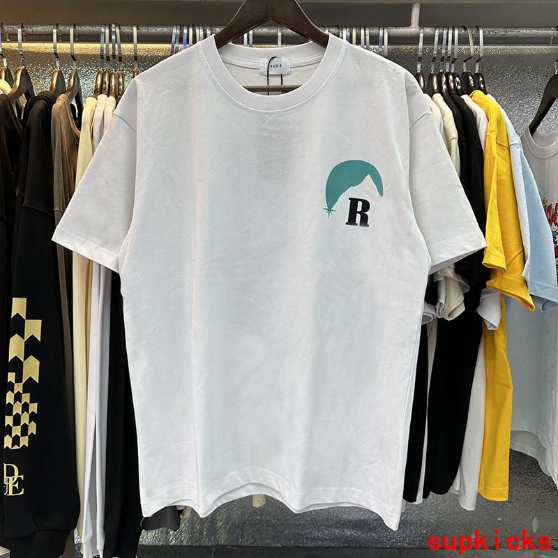 Close-up detail shot of Rhude luxury clothing with relaxed-fit cut