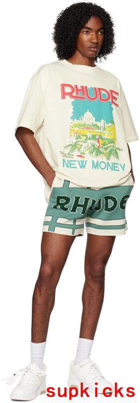 Close-up detail shot of Rhude luxury clothing with relaxed-fit cut