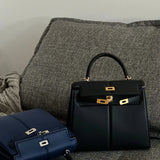 Side view of polished structured handbag