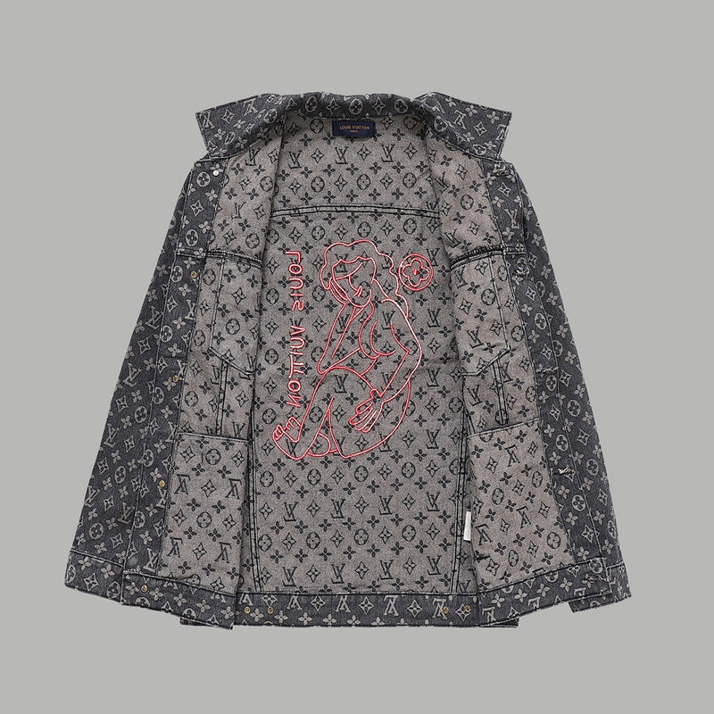 Close-up detail shot of Louis Vuitton luxury clothing with signature branding