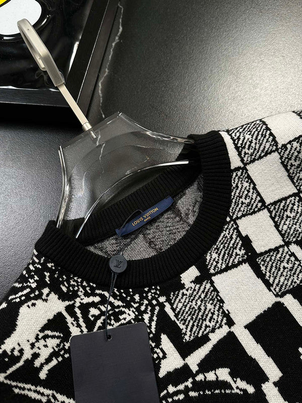 Close-up detail shot of Louis Vuitton luxury clothing with runway-inspired design