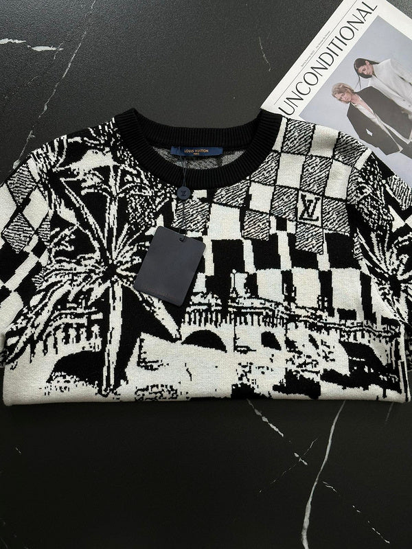 Close-up detail shot of Louis Vuitton luxury clothing with runway-inspired design