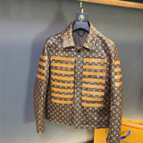Close-up detail shot of Louis Vuitton luxury clothing with runway-inspired design