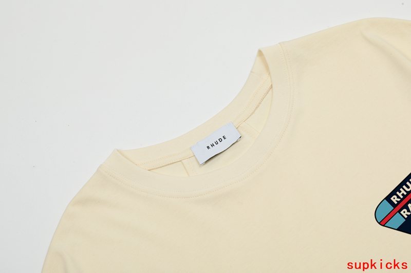 Side profile of Rhude luxury clothing with signature branding