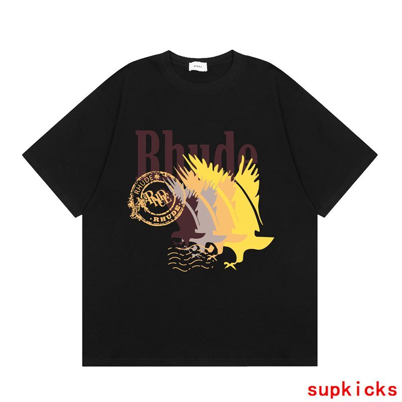 Side profile of Rhude luxury clothing with signature branding