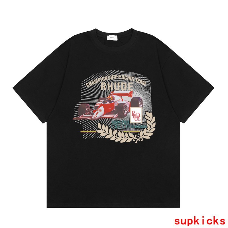 Close-up detail shot of Rhude luxury clothing with logo-detail design