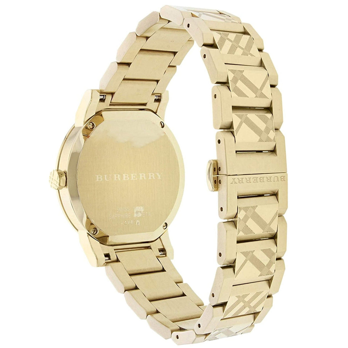 Angled view of Burberry women's gold watch