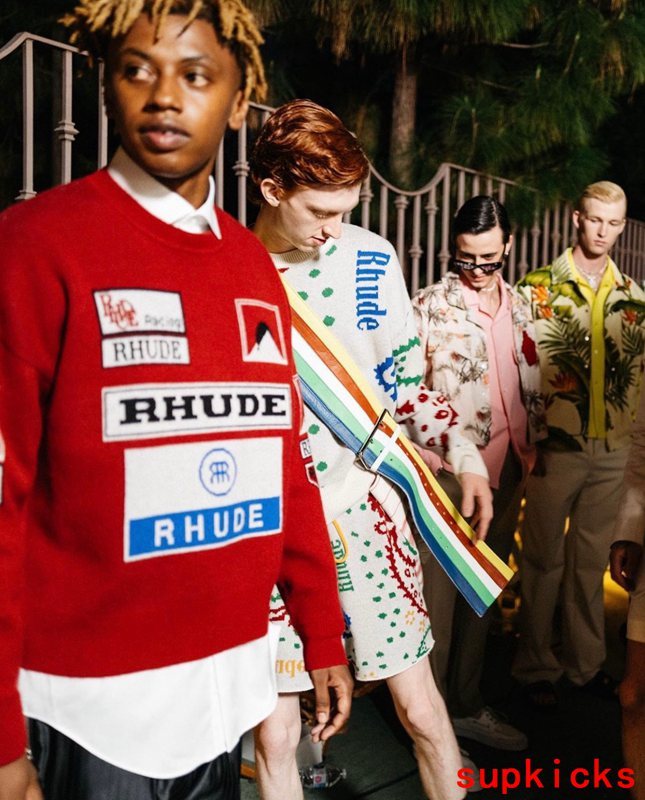 Close-up detail shot of Rhude luxury clothing with tailored silhouette