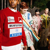 Close-up detail shot of Rhude luxury clothing with tailored silhouette