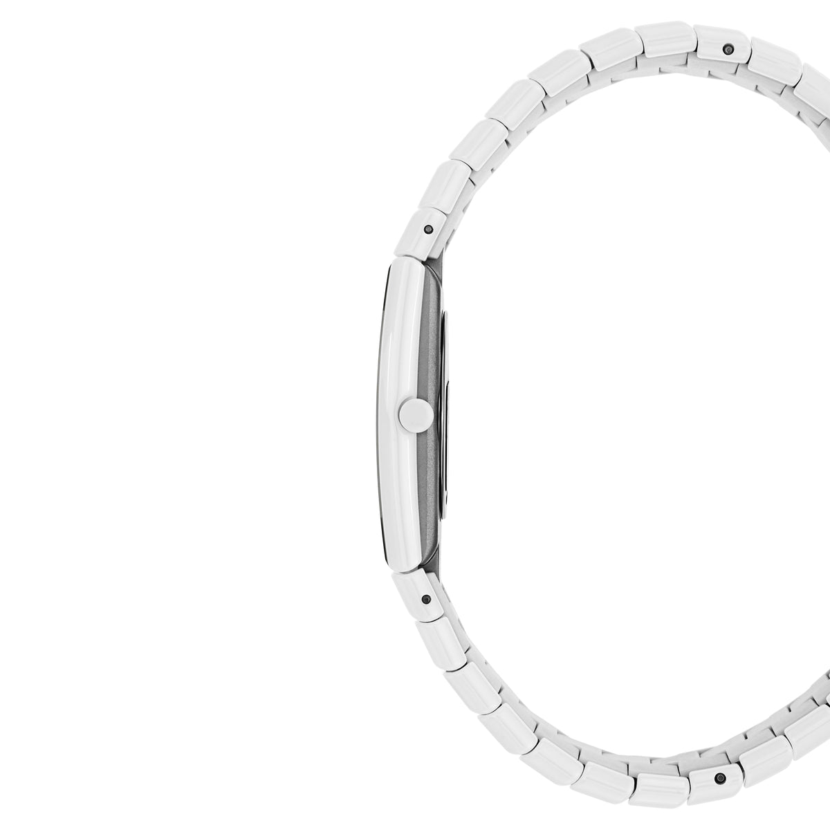 Close-up detail view of Rado women's white watch