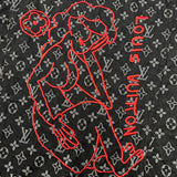 Flat lay presentation of Louis Vuitton luxury clothing with signature branding