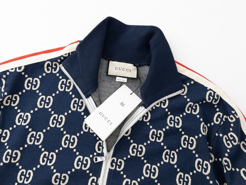 Flat lay presentation of Gucci luxury clothing with logo-detail design