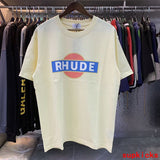 Close-up detail shot of Rhude luxury clothing with signature branding