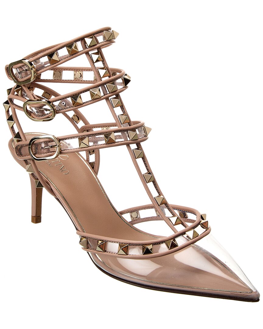 Valentino Shoes? Valentino Rockstud Caged 65 Leather & Vinyl Ankle Strap Pump Comfortable Everyday Designer Shoes