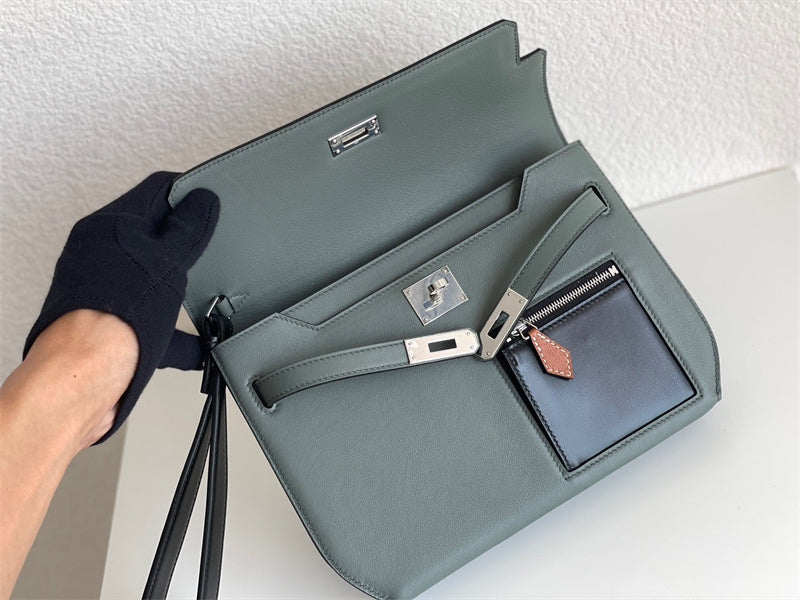 Side view of clean-lined structured handbag