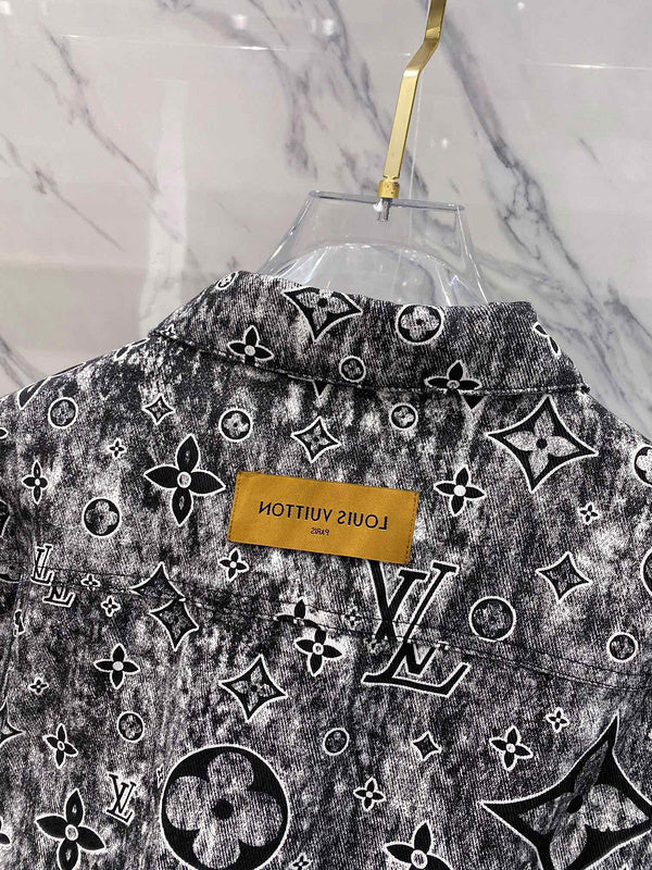 Front view of Louis Vuitton luxury clothing with label-forward styling