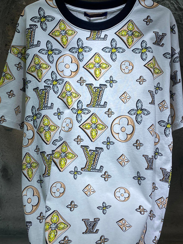 Close-up detail shot of Louis Vuitton cotton t-shirt with runway-inspired design