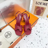 Hermès Camel Block Heel Sandals - Angled View