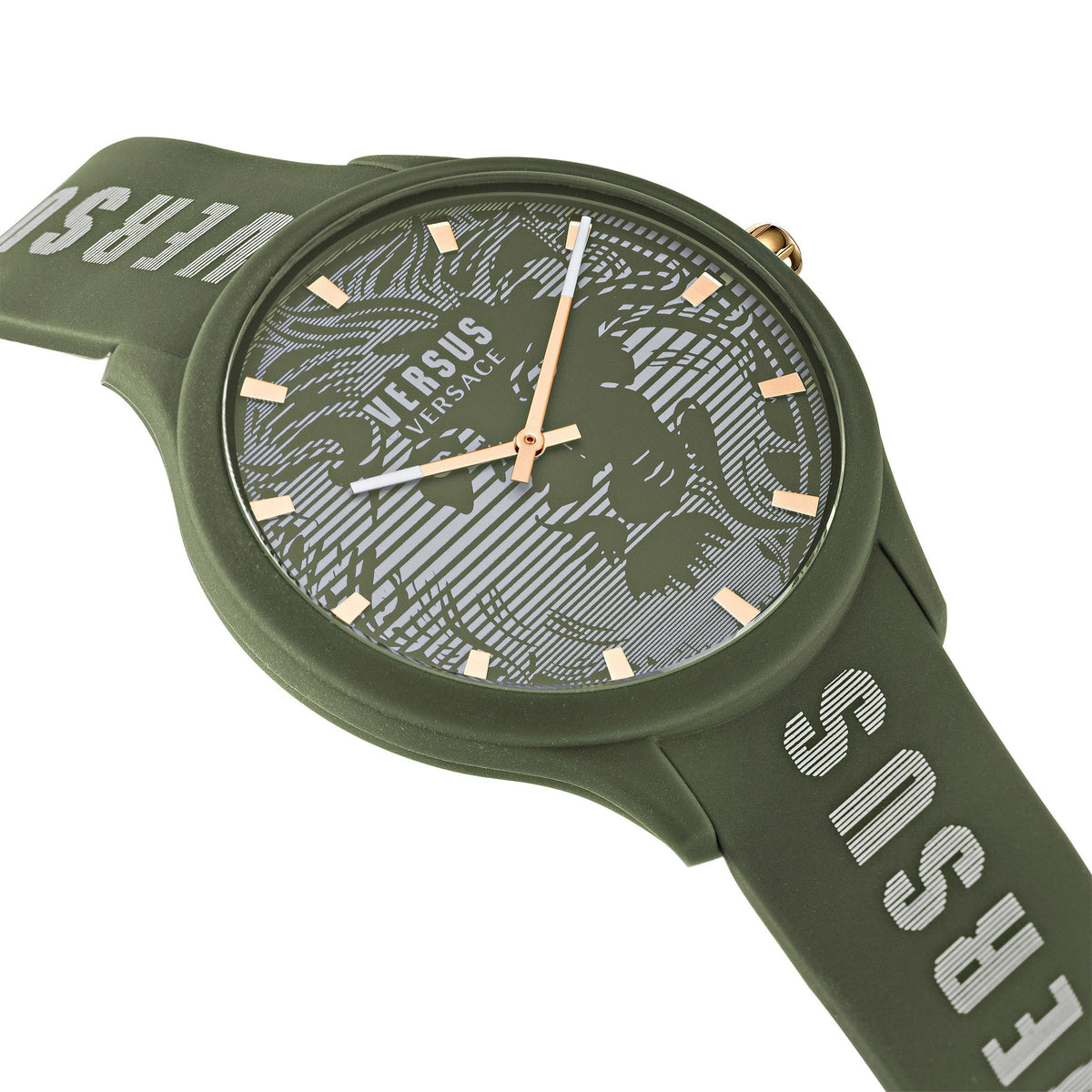 Close-up detail view of Versace men's watch