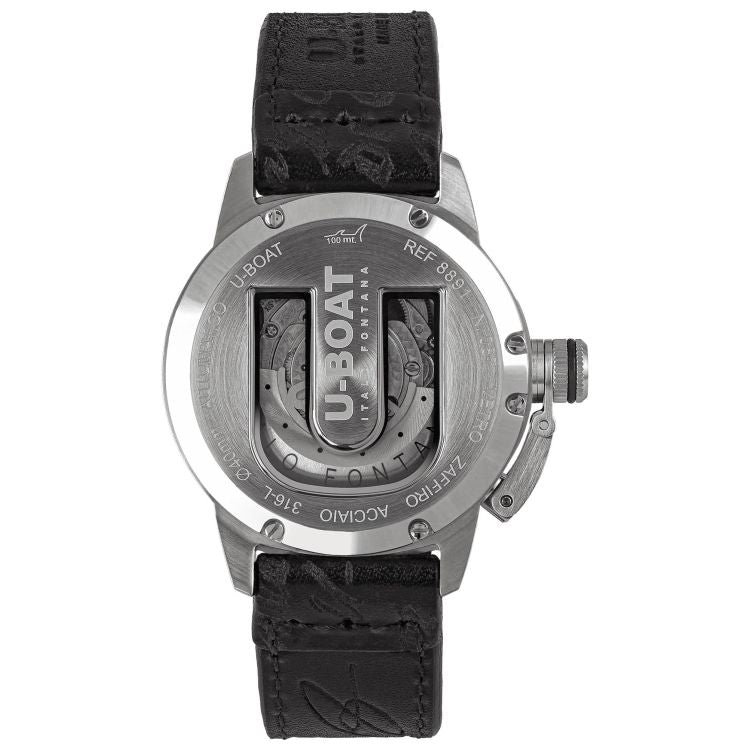 Close-up detail view of U-Boat Men's Classico men's black watch