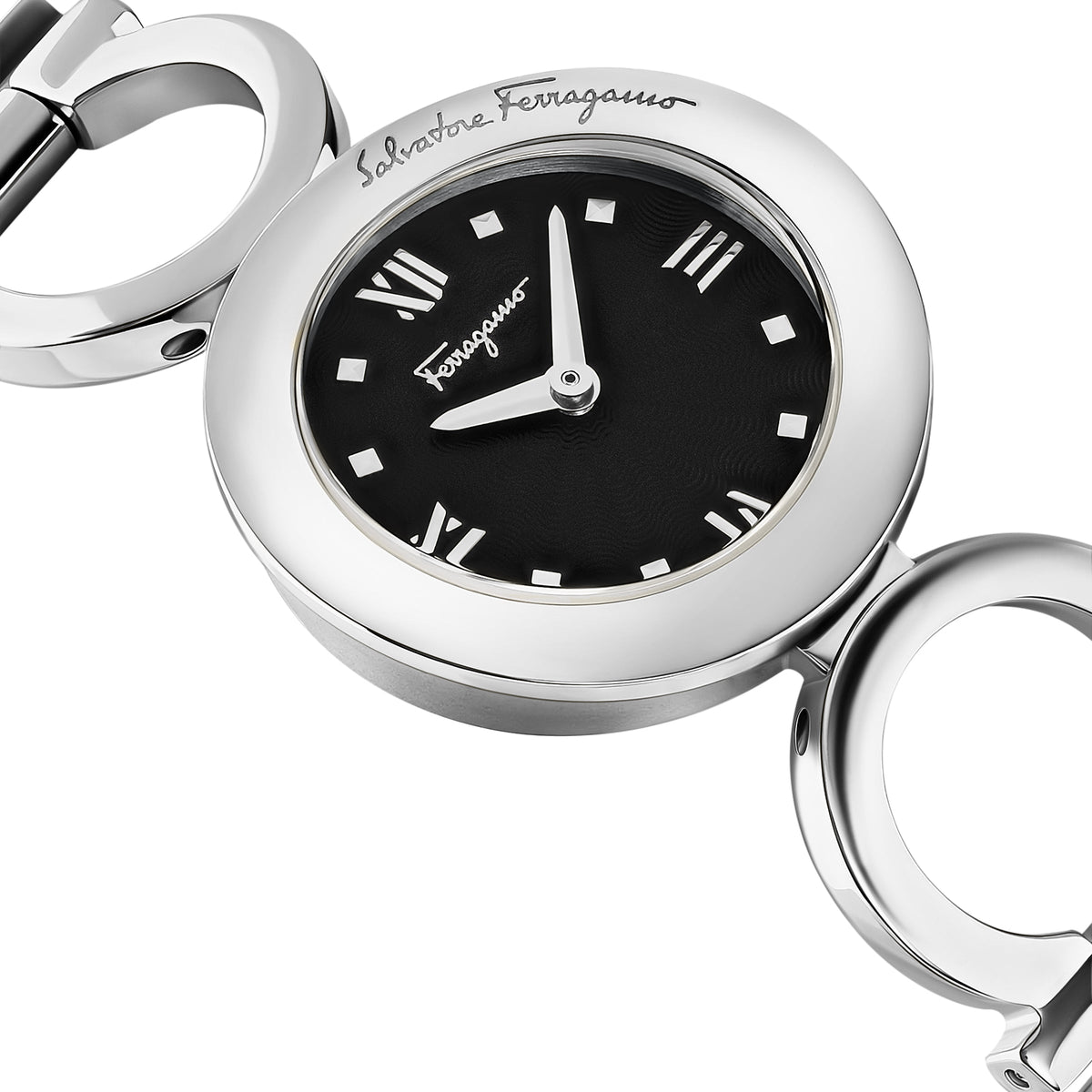 Close-up detail view of Ferragamo women's watch