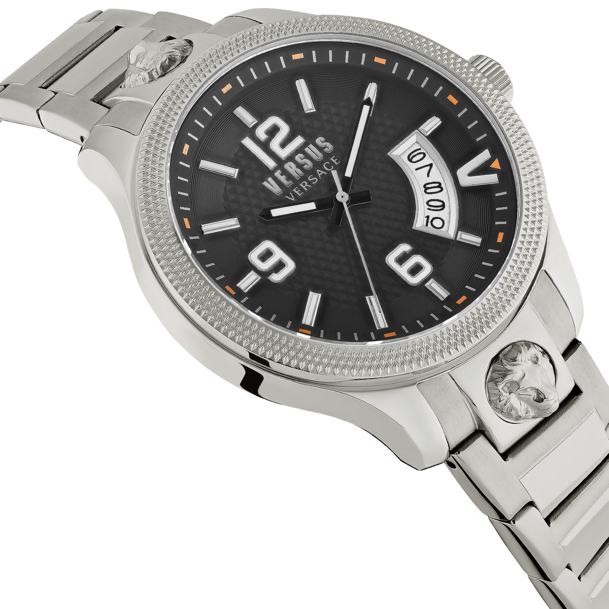 Close-up detail view of Versace men's watch