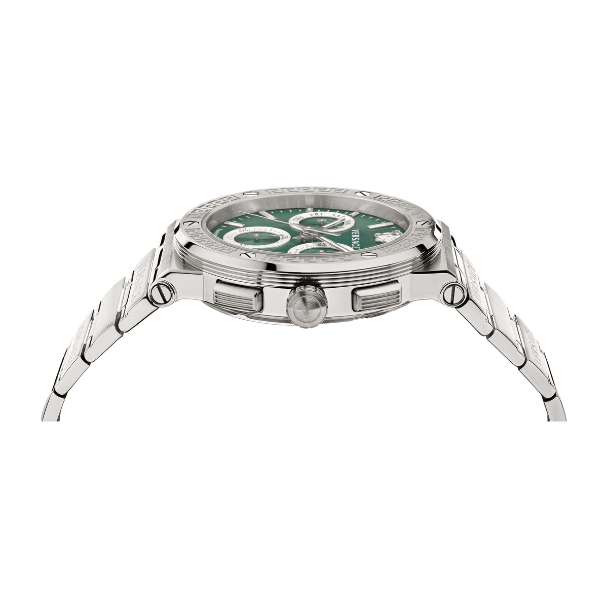 Close-up detail view of Versace men's watch