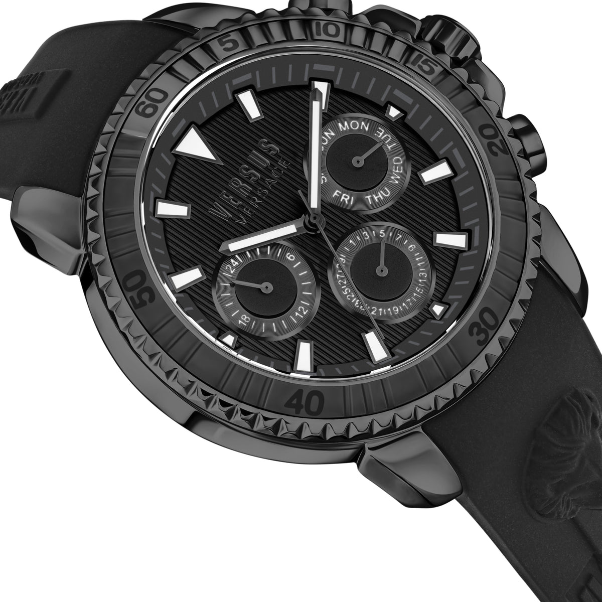 Close-up detail view of Versace men's watch