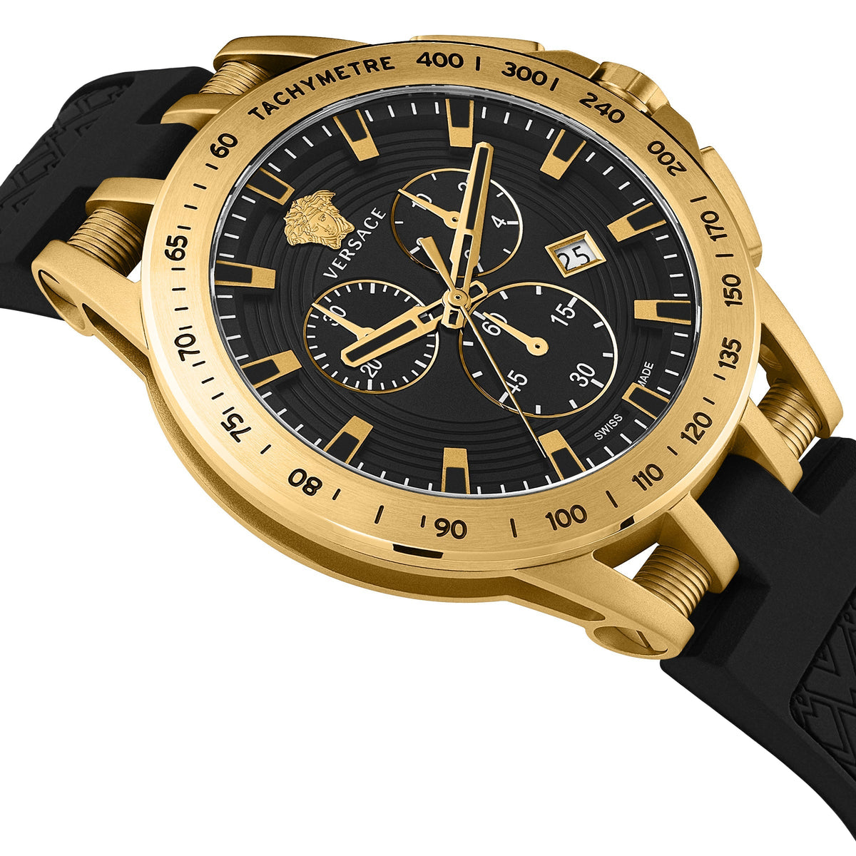 Close-up detail view of Versace men's watch