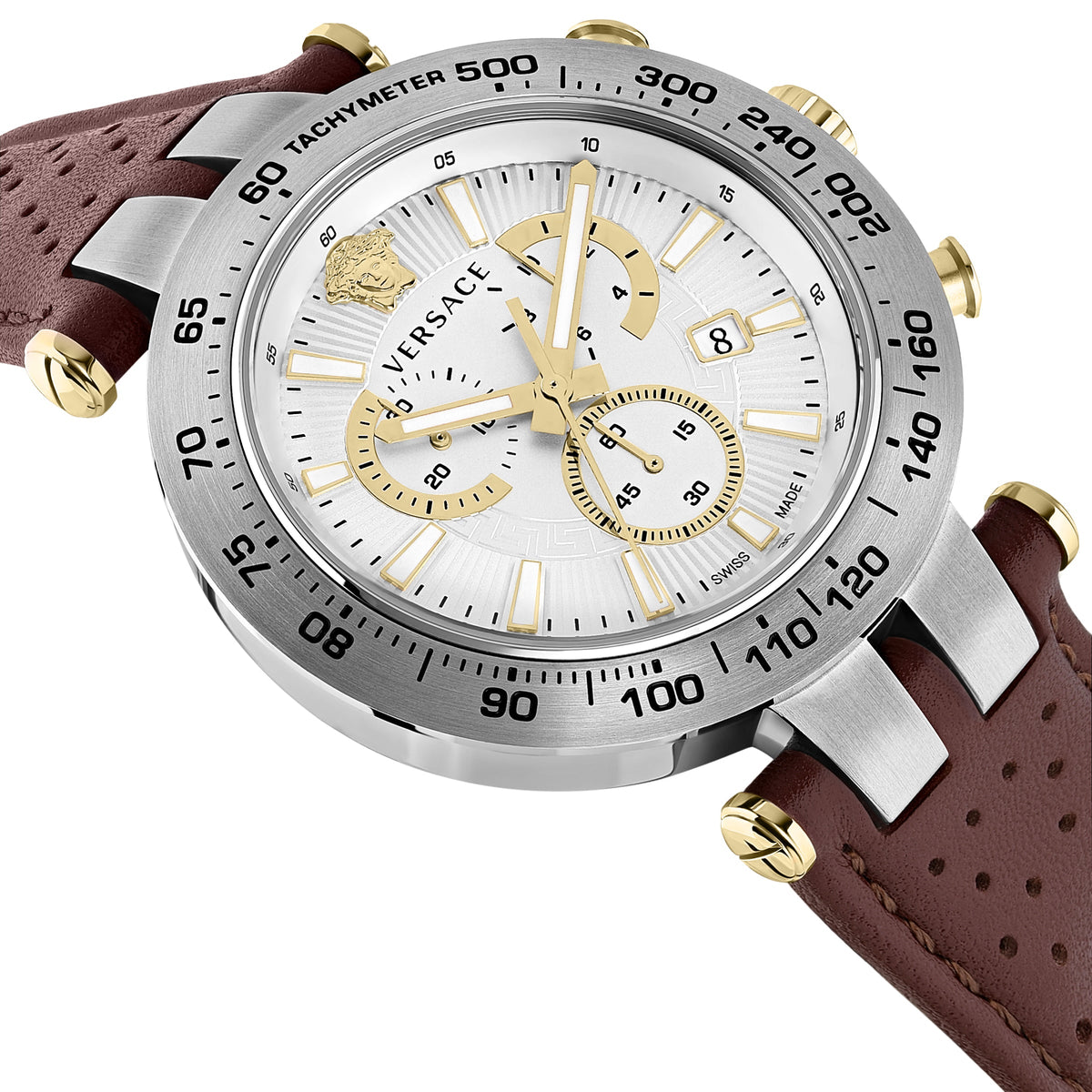 Close-up detail view of Versace men's watch