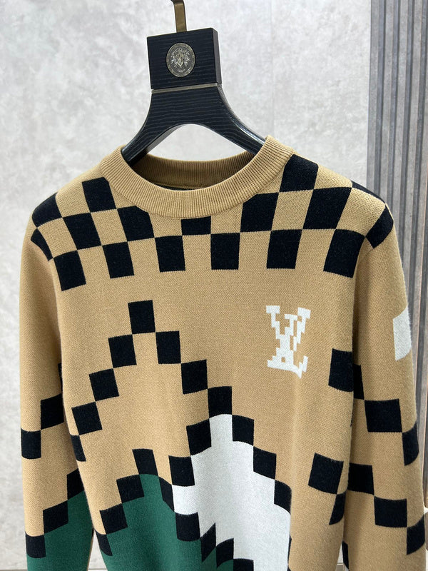 Front view of Louis Vuitton luxury clothing with logo-detail design