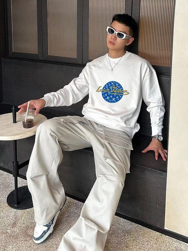 Close-up detail shot of Louis Vuitton luxury clothing with streetwear-inspired cut