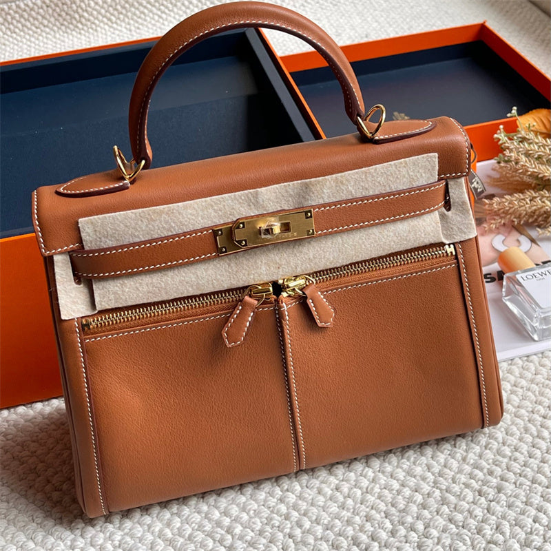 Side view of understated structured handbag