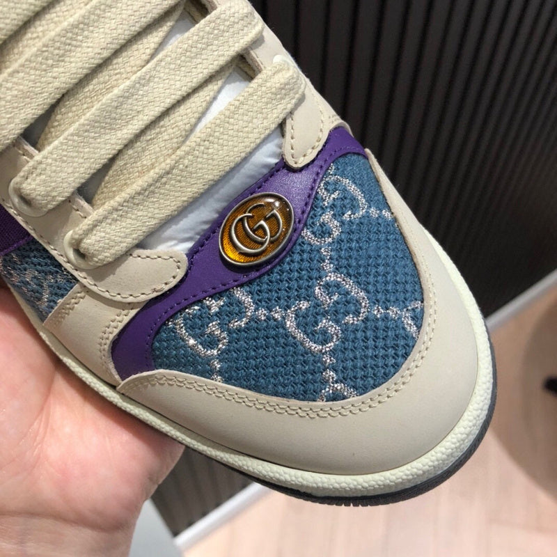 Side profile of Gucci stone beige sneakers bold athletic profile