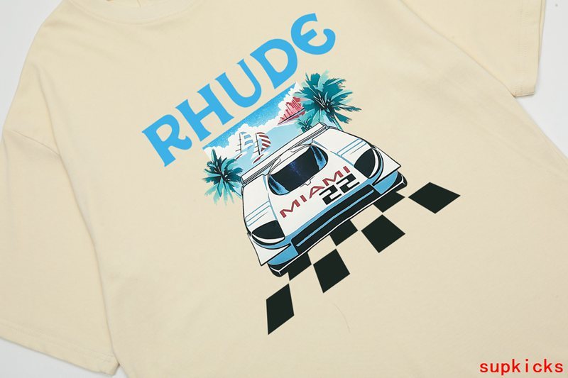 Side profile of Rhude luxury clothing with monogram-inspired silhouette