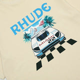 Side profile of Rhude luxury clothing with monogram-inspired silhouette
