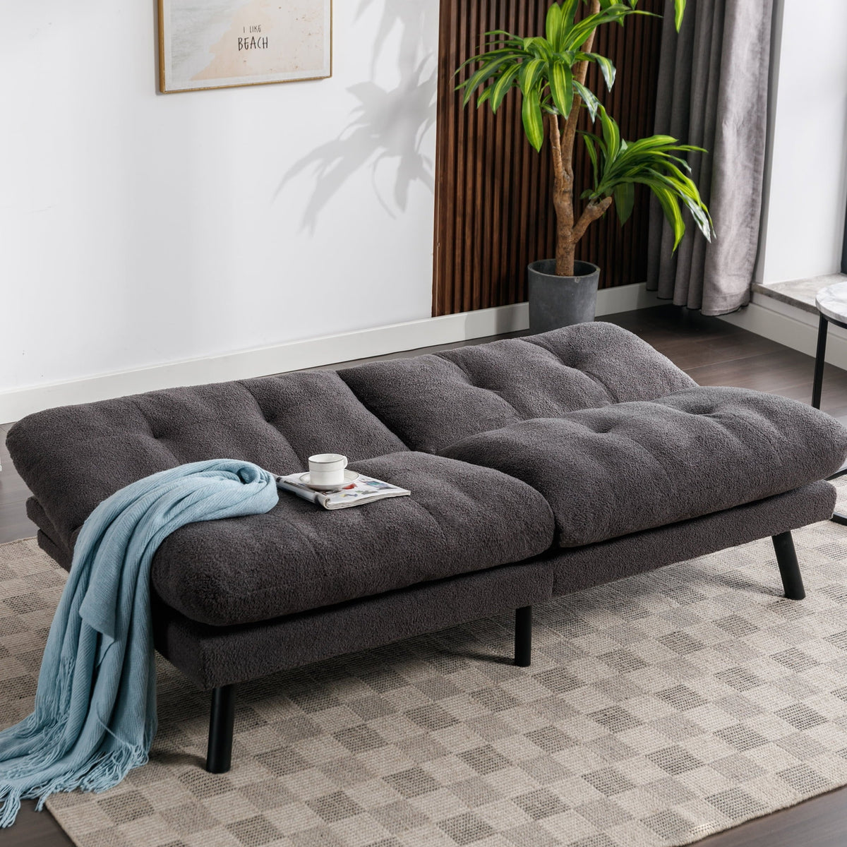 Camden Cozy Futon, Charcoal Boucle Fabric