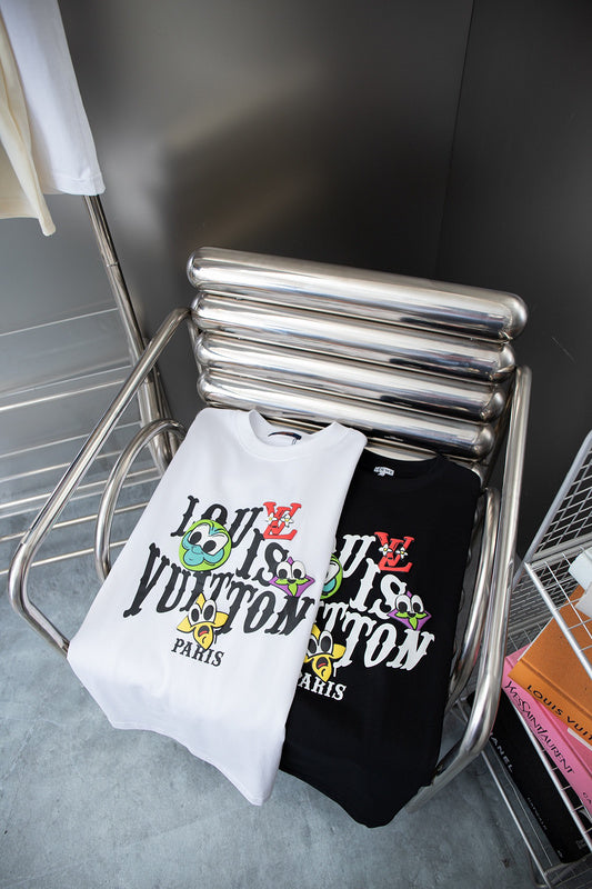 Close-up detail shot of Louis Vuitton cotton t-shirt with signature branding