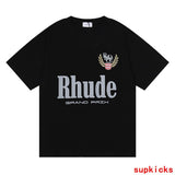 Side profile of Rhude luxury clothing with contemporary cut