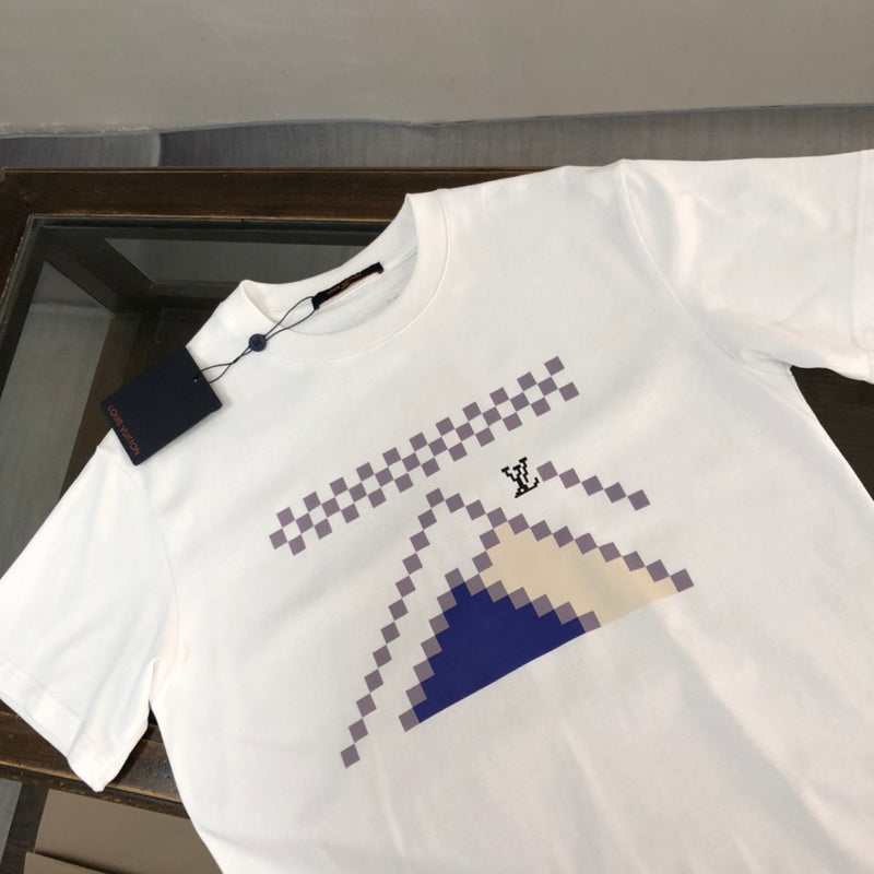 Close-up detail shot of Louis Vuitton cotton t-shirt with runway-inspired design