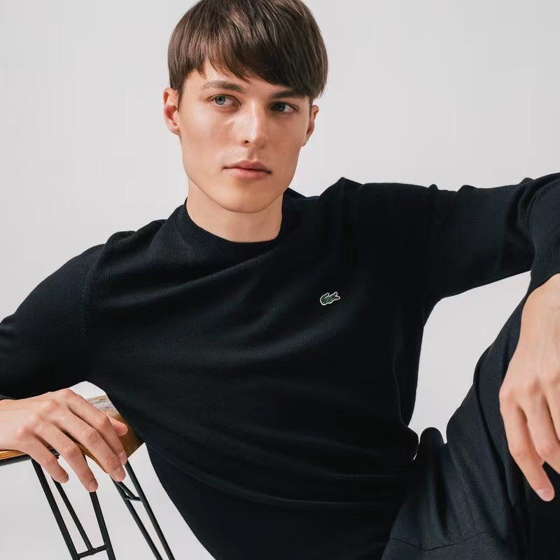Side profile of Lacoste luxury clothing with monogram-inspired silhouette