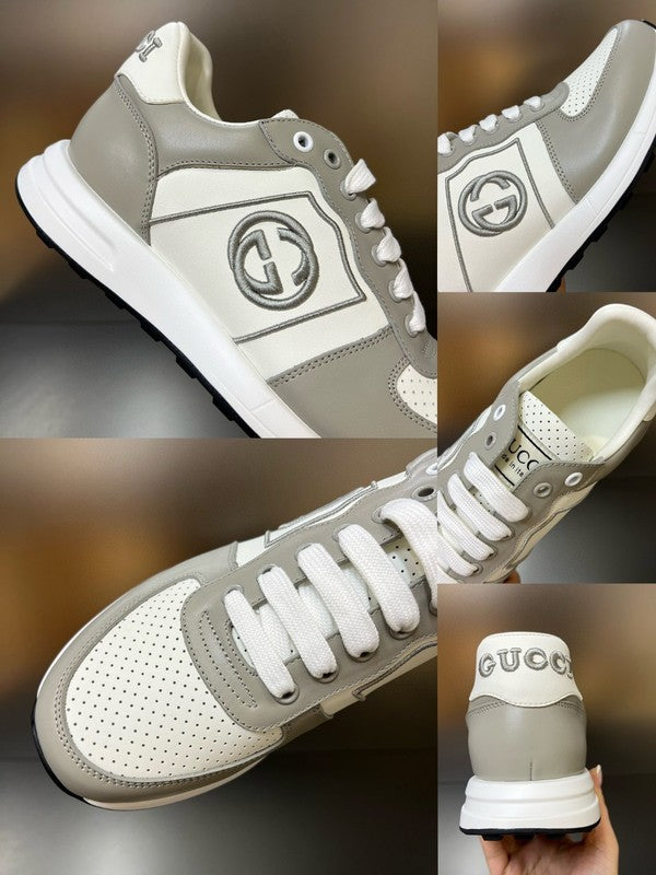 Side profile of Gucci stone beige sneakers classic court silhouette