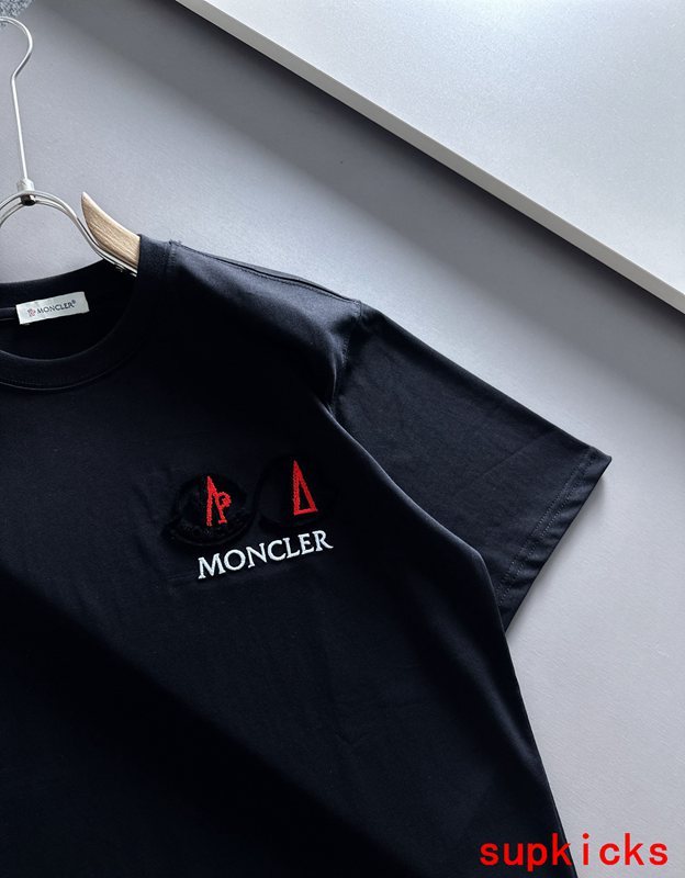 Side profile of Moncler luxury clothing with signature branding