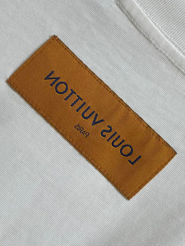 Close-up detail shot of Louis Vuitton cotton t-shirt with logo-detail design