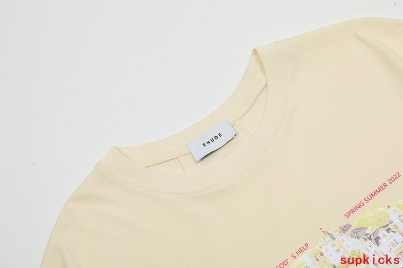 Close-up detail shot of Rhude luxury clothing with contemporary cut